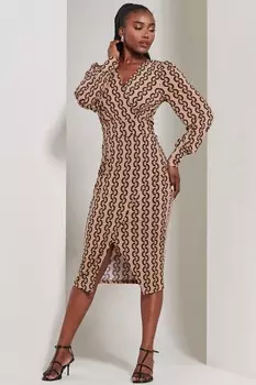 Платье футляр из джерси с принтом и длинными рукавами Jolie Moi, черный