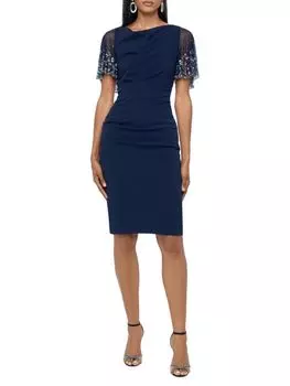 Платье-футляр из крепа Scuba с бисером Betsy & Adam, цвет Navy Silver