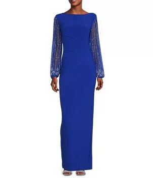 Платье-футляр из матового трикотажа с вырезом «лодочка» и бисером, эластичными рукавами сзади Marina, синий