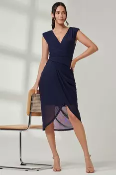 Платье футляр из сетки с запахом и сборками Jolie Moi, синий