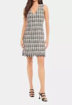 Платье-футляр из твида черного/кремового цвета Karen Kane