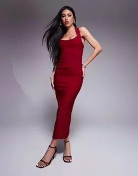 Платье-футляр мидакси с круглым вырезом и халтернеком в бордовом цвете Vesper