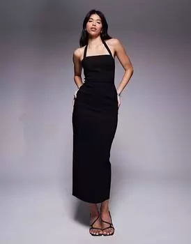 Платье-футляр миди ASOS DESIGN Bengaline с завязками на шее и карманами черного цвета