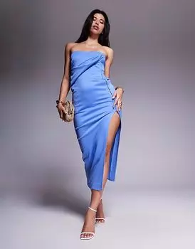 Платье-футляр миди ASOS DESIGN с присборенным лифом и застежкой на крючки и петли синего цвета