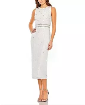 Платье-футляр миди без рукавов Mac Duggal с высоким воротником и бисером, белый