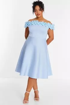 Платье-футляр миди Curve Blue Bardot Ruffle QUIZ Clothing