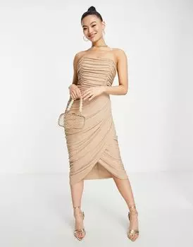 Платье-футляр миди с драпировкой и запахом Rare London