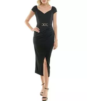 Платье-футляр миди с короткими рукавами и поясом Maison Tara, черный