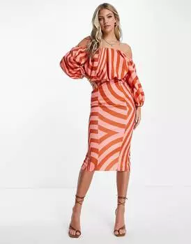 Платье-футляр миди в коричнево-розовую полоску ASOS DESIGN Bardot с объемными рукавами и объемными рукавами