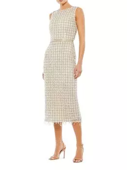 Платье-футляр с бахромой и бисером Mac Duggal, бежевый