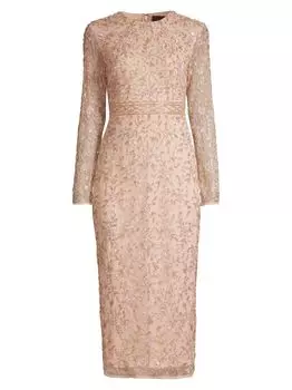 Платье-футляр с длинными рукавами и цветочным принтом из бисера Mac Duggal