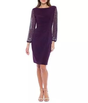 Платье-футляр с круглым вырезом и бисером, длинными рукавами и боковой драпировкой Marina, фиолетовый