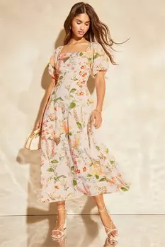 Платье футляр с квадратным вырезом и принтом в виде льна мидакси Lipsy, белый