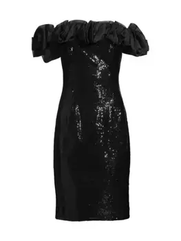 Платье-футляр с открытыми плечами и оборками из пайеток Aidan Mattox, черный