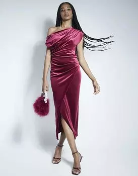 Платье-футляр с открытыми плечами из бархата, драпировка, цвет красный - темный River Island