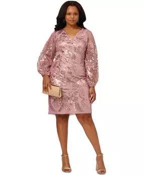 Платье-футляр с пайетками и V-образным вырезом с длинными рукавами больших размеров Adrianna Papell, розовый