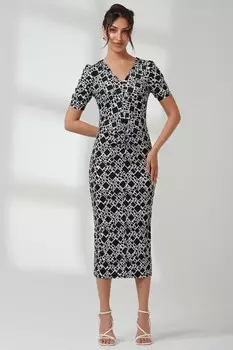 Платье футляр с рукавами фонариками и миди платьем Jolie Moi, черный