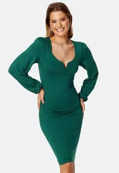 Платье-футляр SQUARE V-NECK PUFF SLEEVE SHORT DRESS Bubbleroom, темно-зеленый