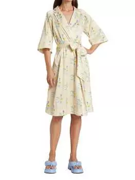 Платье Ganni из жатого атласа с запахом и цветочным принтом, желтый