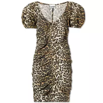 Платье GANNI Printed Cotton Gathered U-Neck Mini Dress