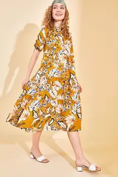 Платье горчичного цвета с цветочным узором и рукавами-фонариками XHAN, желтый