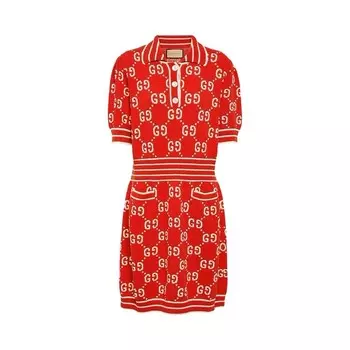 Платье Gucci GG Cotton Jacquard Polo Dress, цвет Red/Ivory