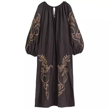 Платье H&amp;M Balloon-sleeved Embroidered, черный/бежевый узор