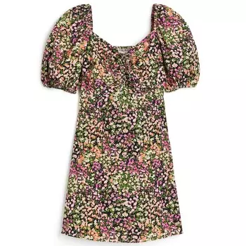Платье H&amp;M Floral Puff-sleeved With Lacing, черный/мультиколор