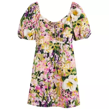 Платье H&M Floral Puff-sleeved With Lacing, фиолетовый/мультиколор