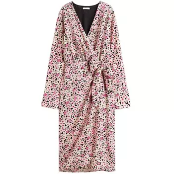 Платье H&M Small Flowers Tie-detail Wrap, розовый/мультиколор