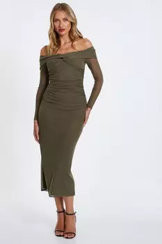Платье-хаки Mesh Twist Bardot Midaxi QUIZ Clothing