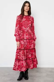 Платье халат из 100% хлопкового поплина с рукавами фонариками, завязками, миди, с цветочным принтом, длинный рукав Another Sunday, красный