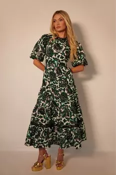 Платье халат из 100% хлопкового поплина с рукавами фонариками, многослойное, миди, с цветочным принтом и принтом в виде поп арта Another Sunday, зеленый