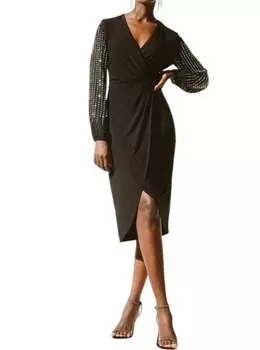 Платье-халат из шелковистого трикотажа и шифона черного цвета Joseph Ribkoff