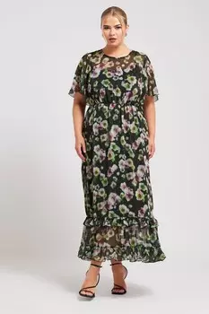 Платье халат макси с цветочным принтом в стиле Лондон Yours Curve, черный