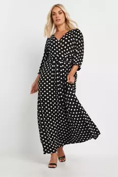 Платье халат макси с принтом в горошек Yours Curve, черный
