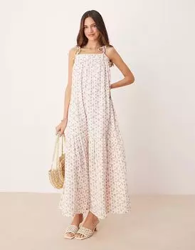 Платье-халат макси YAS с завязками на плечах в стиле бохо с мелким розовым цветочным принтом