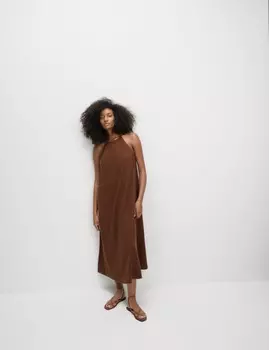 Платье-халат Midaxi Swing из льна с богатым воротом Marks & Spencer, цвет Conker