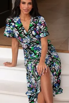 Платье халат миди из обтягивающего джерси с оборками и пышной грудью Megan fuller Pour Moi, черный