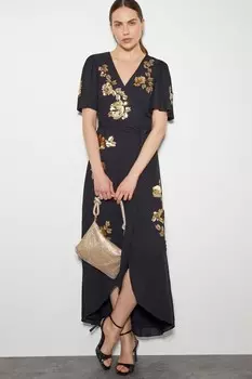 Платье халат миди с пайетками и цветочным принтом Sarah Monsoon, черный