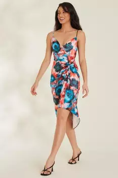 Платье-халат миди с разноцветным атласным принтом и принтом пятна QUIZ Clothing