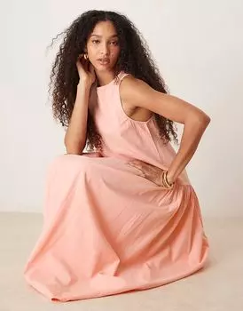 Платье-халат миди с вырезом-лодочкой и заниженной талией ASOS DESIGN нежно-абрикосового цвета