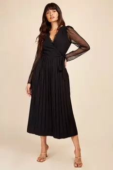 Платье халат миди в сеточку с узором в горошек Little Mistress, черный