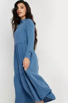 Платье халат с длинными рукавами и пуговицами, с эффектом кислотной стирки Pixiegirl Petite, синий