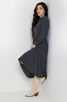 Платье халат с длинными рукавами и пуговицами, с эффектом кислотной стирки Pixiegirl Petite, черный