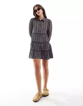 Платье-халат с многослойным клетчатым принтом в темно-синем цвете Wednesday's Girl