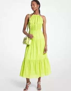 Платье хлопковое миди с принтом на шее и цепочкой Michael Michael Kors Chain Halter Cotton Lawn Midi, светло-зеленый