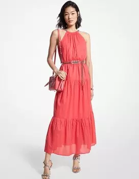 Платье хлопковое миди с принтом на шее и цепочкой Michael Michael Kors Chain Halter Cotton Lawn Midi, темно-розовый