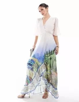 Платье Hope & Ivy макси-халат с рукавами-крылышками и поясом-завязкой, белое, с живописным принтом