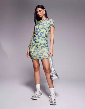 Платье Hugo Blue с короткими рукавами и сетчатым принтом зеленого цвета с принтом бабочек